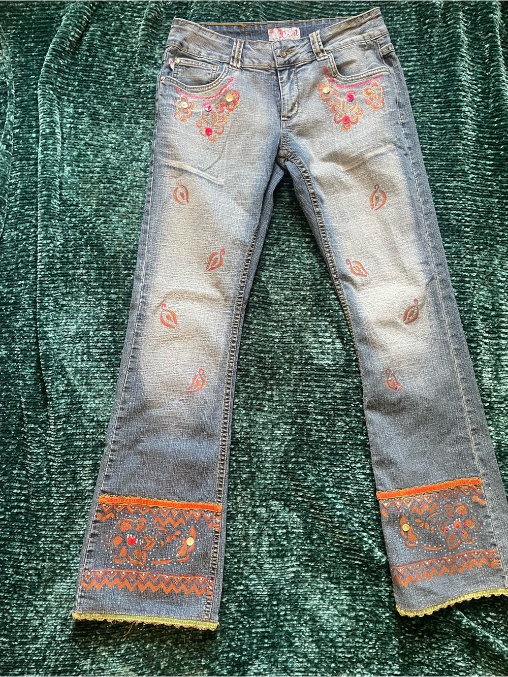 Vintage Y2K Embroidered Glitter Flare Jeans Sz 7/8 Fairycore Streetwear Cute